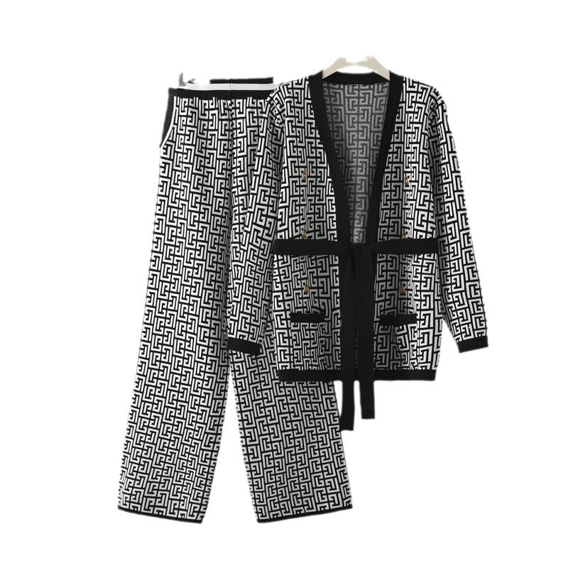 Damen lässiges Strick-Loungewear-Set mit geometrischem Muster R&B