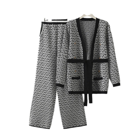 Damen lässiges Strick-Loungewear-Set mit geometrischem Muster R&B