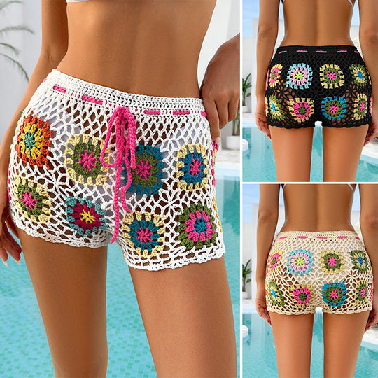 Damen Häkelshorts mit buntem Blütenmuster und verstellbarem Kordelzug R&B
