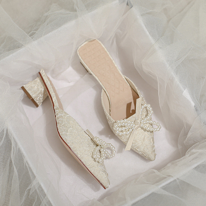 Damen elegante Mules mit perlenverziertem Schleifendetail R&B