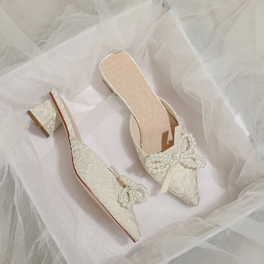 Damen elegante Mules mit perlenverziertem Schleifendetail R&B