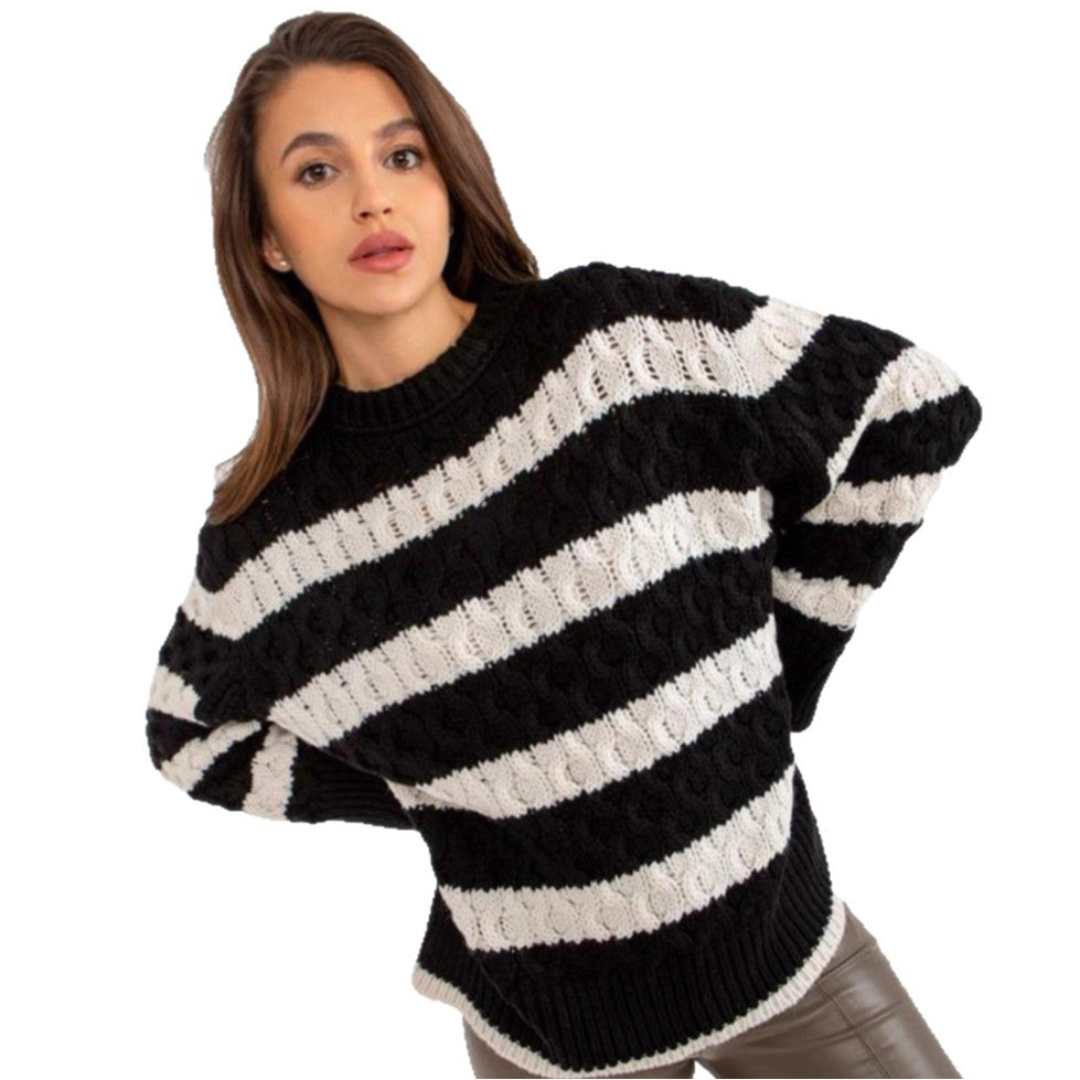 Damen Grobstrickpullover mit modischem Streifenmuster und voluminösen Ärmeln R&B