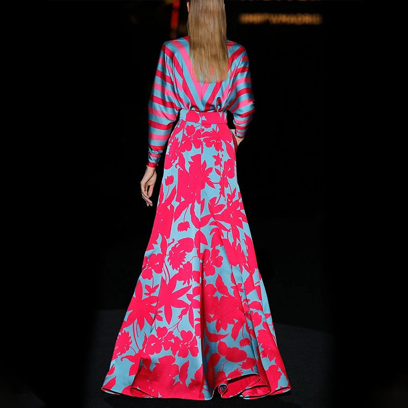 Damen Maxi-Kleid mit schwingendem Saum und tiefem V-Ausschnitt R&B