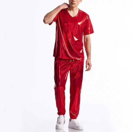 Herren glänzendes Sport-Outfit mit modernem V-Ausschnitt und elastischem Bund R&B