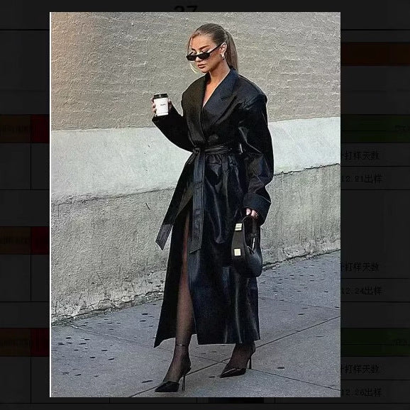 Damen elegante Kunstleder-Trenchcoat mit Gürtel R&B