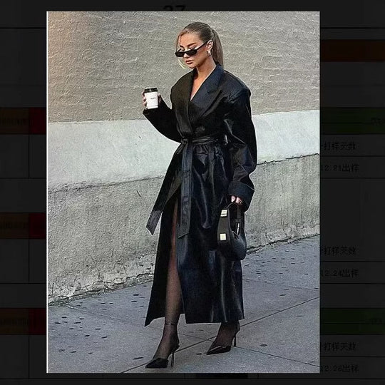 Damen elegante Kunstleder-Trenchcoat mit Gürtel R&B
