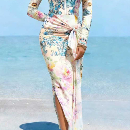 Damen Elegantes Langarm-Strandkleid mit floralem Design R&B