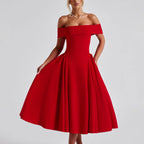 Damen Cocktailkleid mit schulterfreiem Design und voluminösem Rock R&B