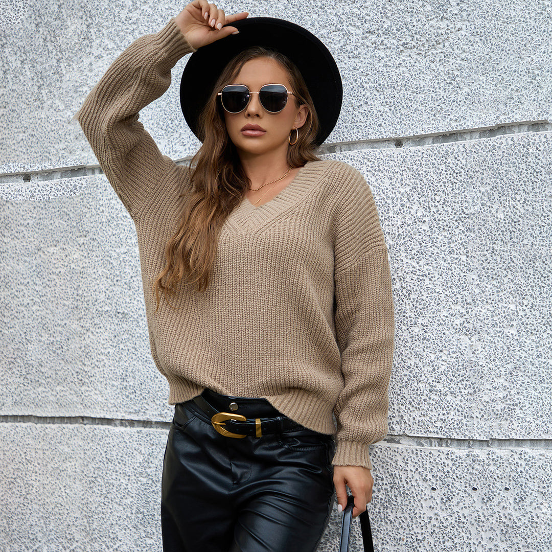Damen gemütlicher V-Ausschnitt Strickpullover mit lockerem Schnitt und strukturiertem Muster R&B