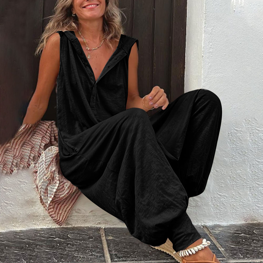 Damen Lässiger Jumpsuit mit Kapuze und Knopfverschluss R&B