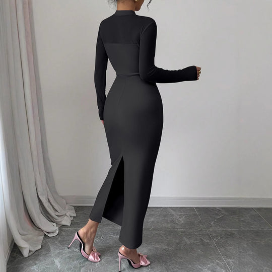 Damen Elegantes Langarm-Midi-Kleid mit raffinierter Drapierung und figurbetonter Silhouette R&B