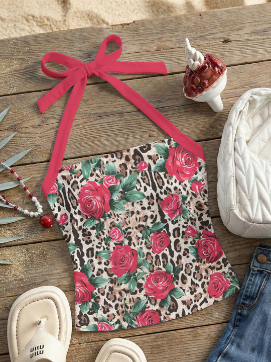 Damen Neckholder Top mit verspieltem Leopardenmuster R&B