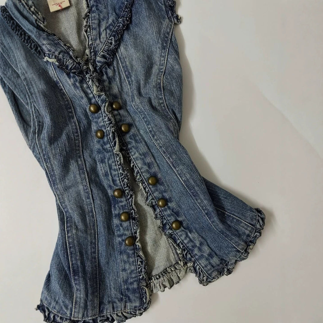 Damen Denim-Weste mit verspieltem Rüschendesign R&B