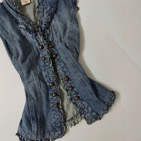 Damen Denim-Weste mit verspieltem Rüschendesign R&B