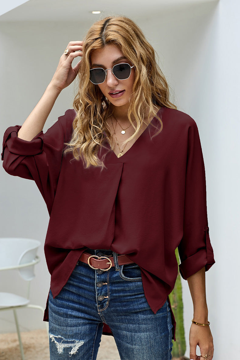 Damen Bluse mit V-Ausschnitt und lässigen langen Ärmeln R&B