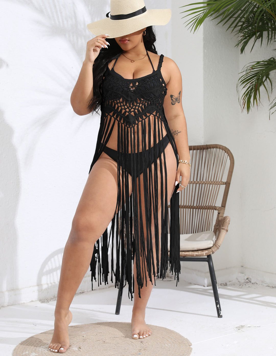 Damen gehäkelter Strandüberwurf mit fransenverziertem Design R&B