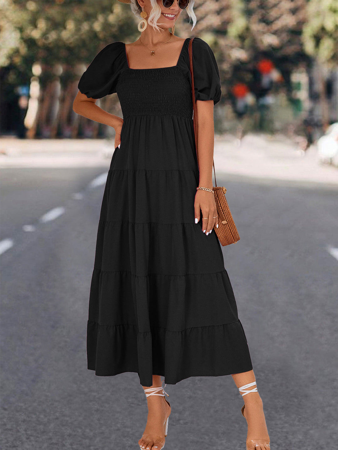 Damen Midi-Kleid mit elastischer Taillierung und voluminösen Puffärmeln R&B