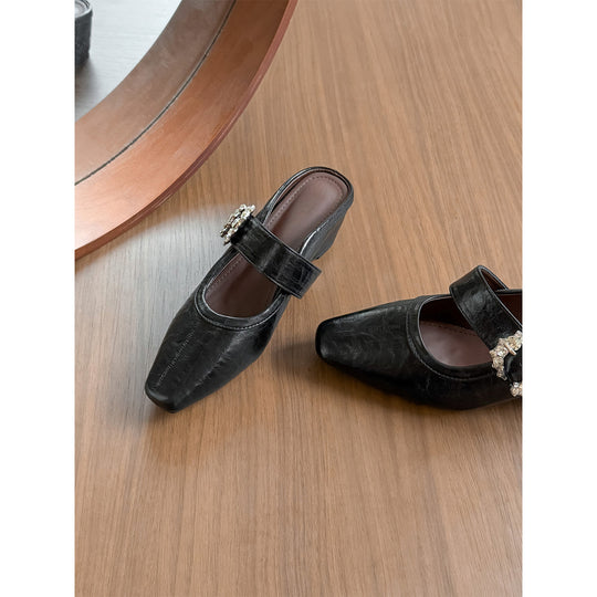 Damen elegante Mules mit funkelndem Riemen und komfortablem Blockabsatz R&B