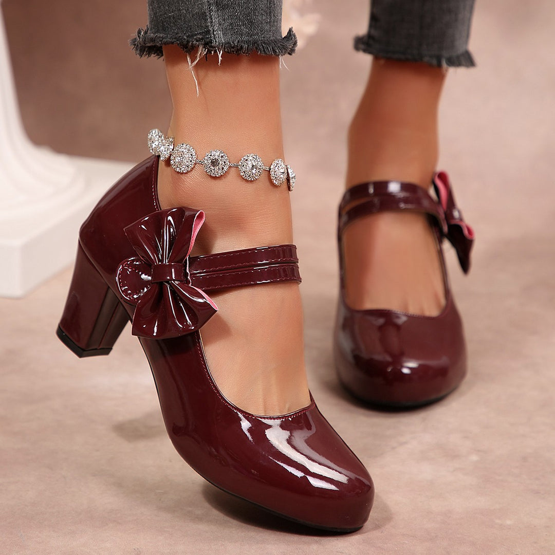 Damen Mary Jane Pumps mit modischer Schleifenapplikation und glänzender Oberfläche R&B