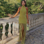 Damen Freizeitkleid mit Bambus-Borten und schimmerndem Stoff R&B