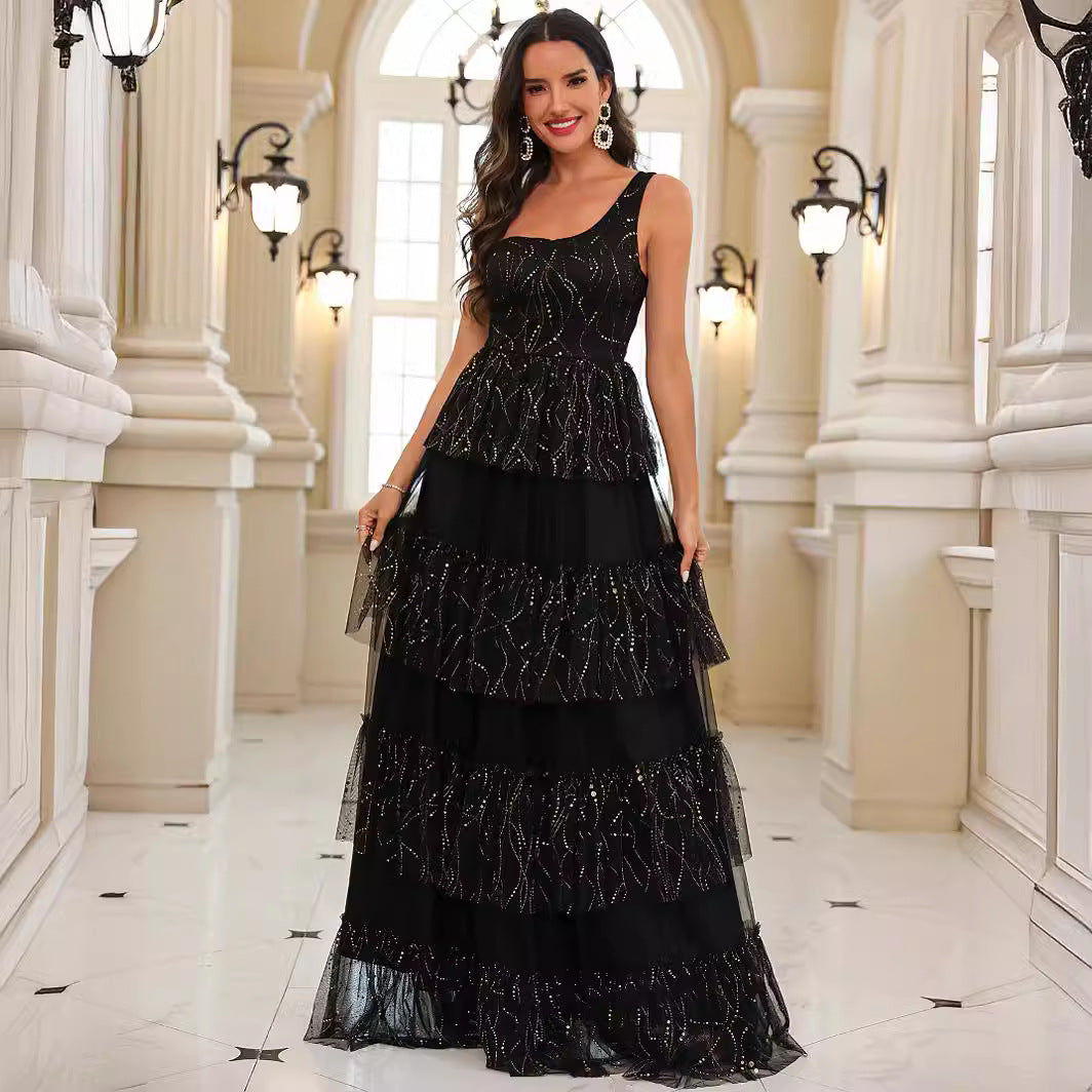 Damen Elegantes Schichtkleid mit Glitzerakzenten und Tülldetails R&B