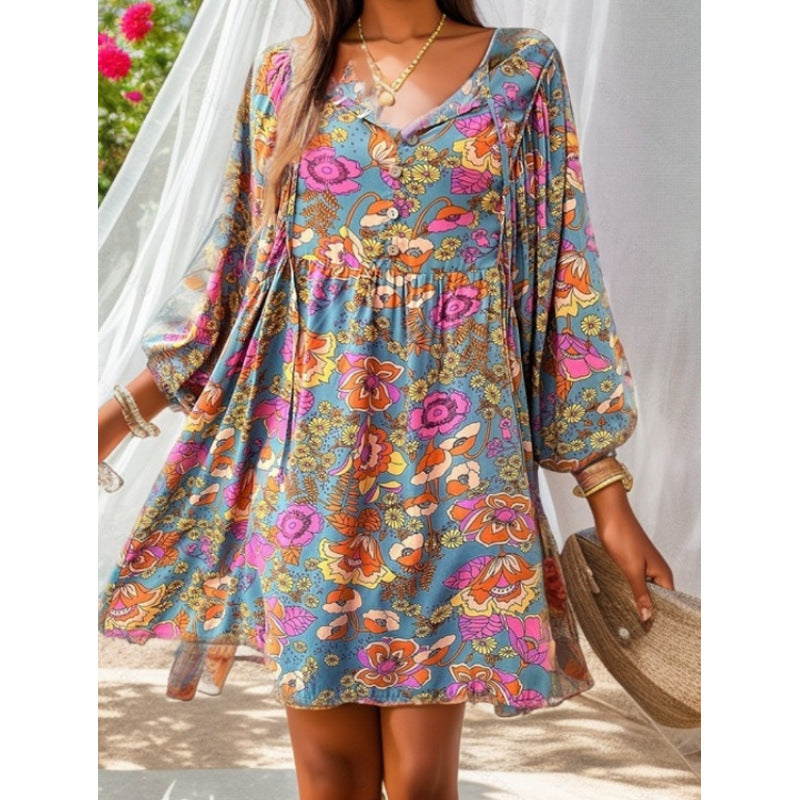 Damen lässiges Freizeitkleid mit lockerer Passform und buntem Blumendesign R&B