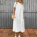 Damen lässiges Leinenkleid mit praktischen Taschen und verstellbaren Trägern R&B