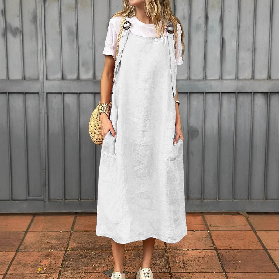 Damen lässiges Leinenkleid mit praktischen Taschen und verstellbaren Trägern R&B