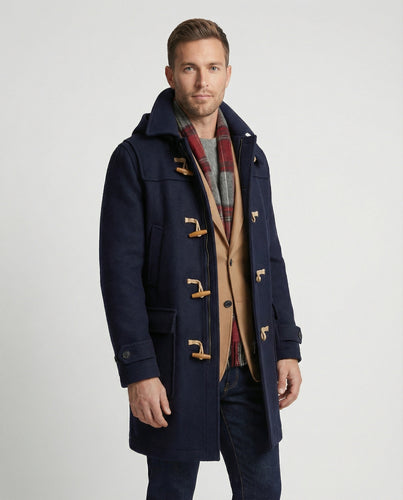 Herren stilvoller Dufflecoat aus hochwertiger Wolle mit Kapuze und praktischen Knöpfen R&B