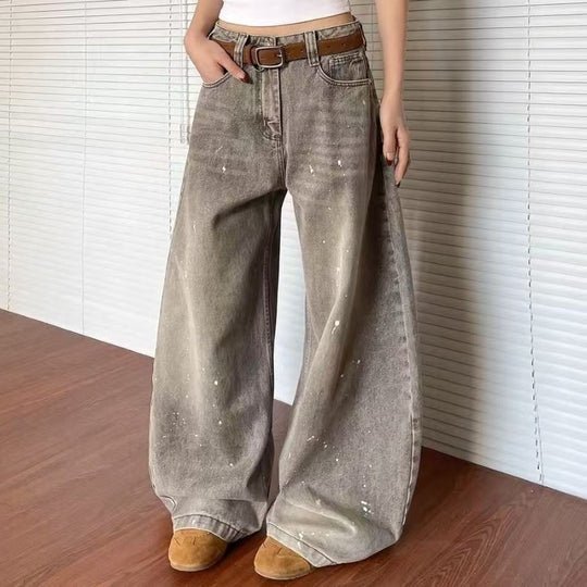 Damen weite Jeanshose im Vintage-Stil mit lässigem Schnitt und kreativen Farbdetails R&B