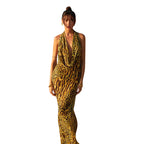 Damen Elegantes Maxikleid mit tiefer Halslinie und aufregendem Muster R&B