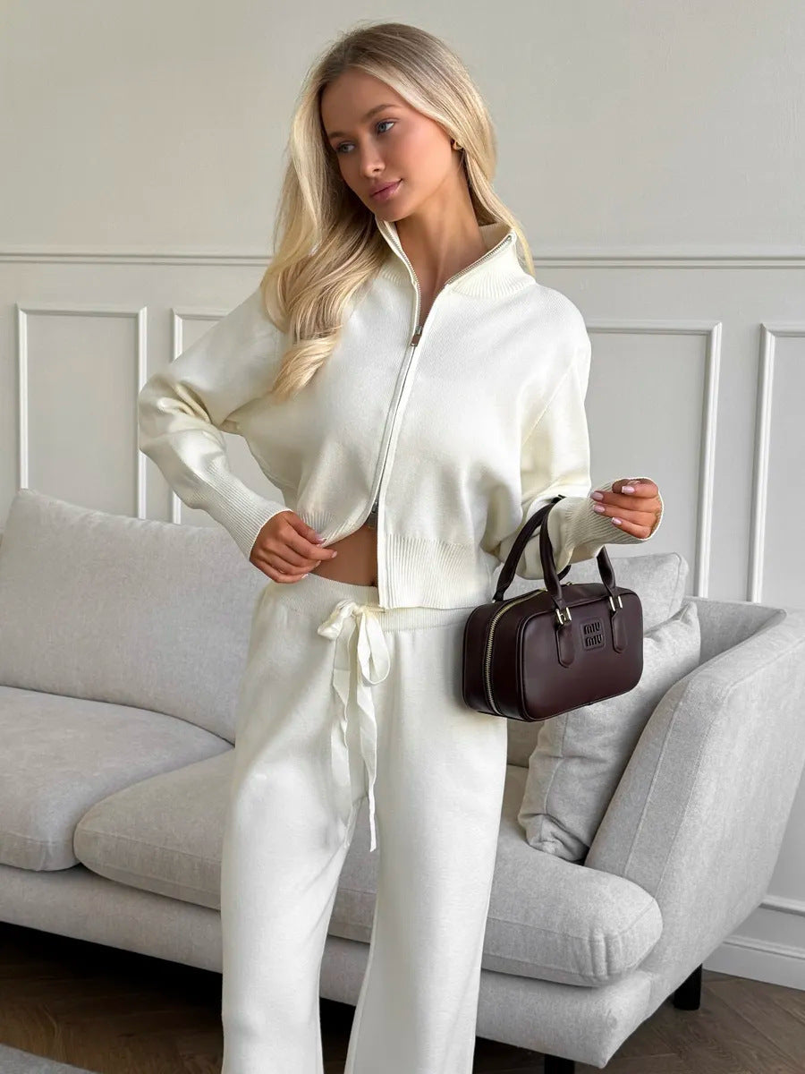 Damen nan gestricktes Loungewear-Zweiteiler mit kurzem Reißverschluss-Cardigan und weitem Highwaist-Hosenbein R&B