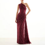 Damen elegantes Abendkleid mit asymmetrischem One-Shoulder-Design und floralem Spitzenbesatz R&B