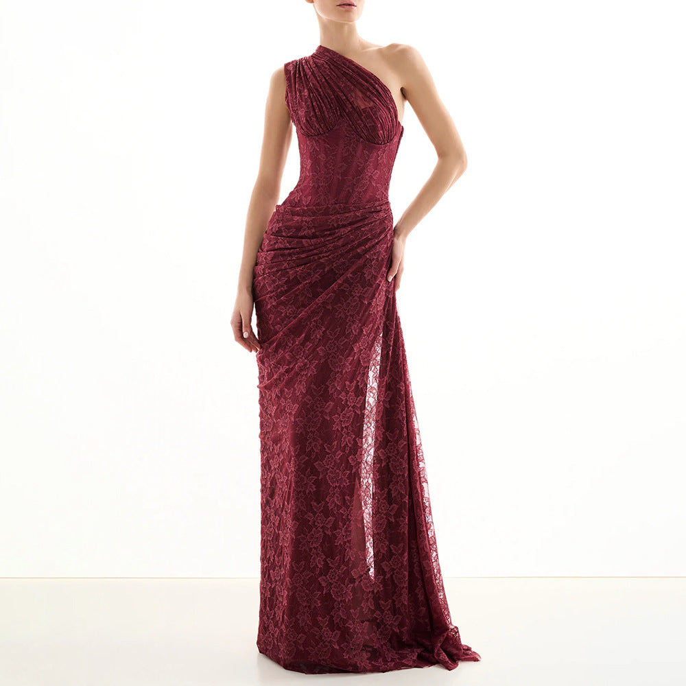 Damen elegantes Abendkleid mit asymmetrischem One-Shoulder-Design und floralem Spitzenbesatz R&B