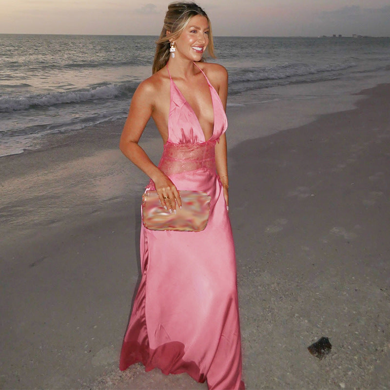 Damen Langes Nachtkleid mit transparenten Spitzenakzenten R&B