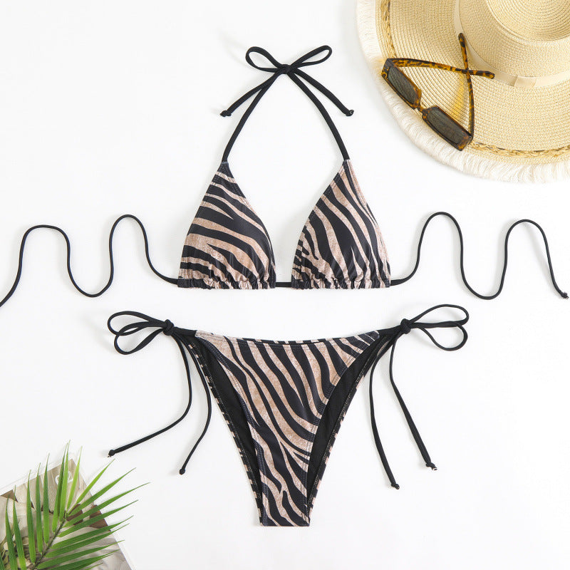 Damen Triangel-Bikini mit verstellbaren Bindebändern und aufregendem Zebra-Print R&B
