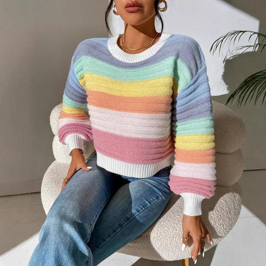 Damen Modischer Strickpullover mit Volumenärmel und Randdetails R&B