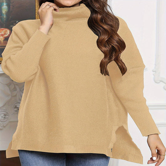 Damen Oversized Strickpullover mit hohem Kragen und seitlichen Schlitzen R&B