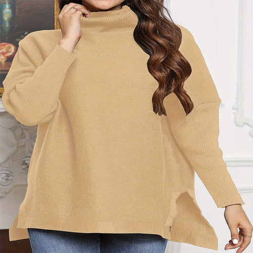 Damen Oversized Strickpullover mit hohem Kragen und seitlichen Schlitzen R&B