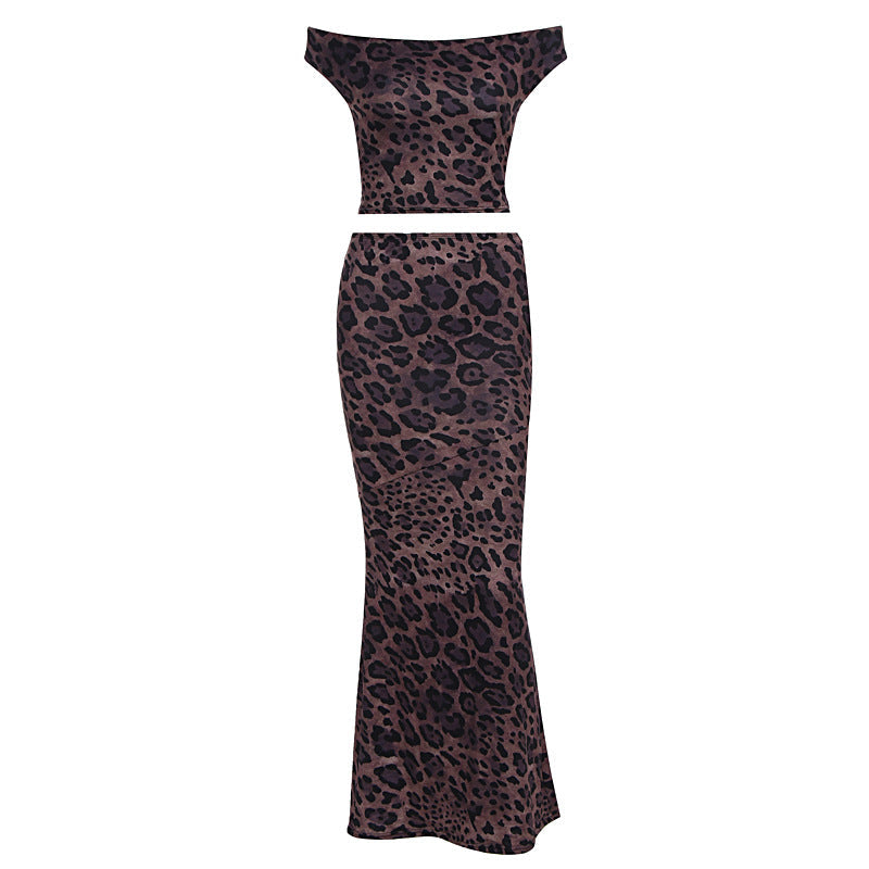 Damen Elegantes Maxikleid mit schulterfreiem Design und Leopardenmuster R&B
