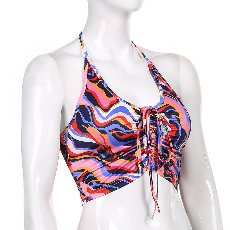 Damen Crop-Bikini-Oberteil mit Kordelzug und farbenfrohem Design R&B