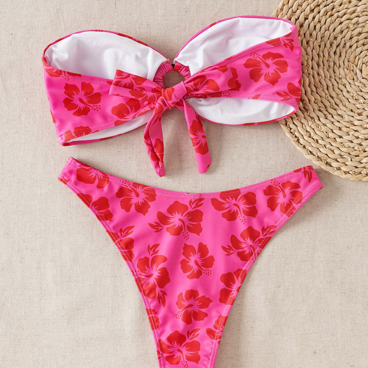 Damen Bandeau-Bikini-Set mit verziertem Knoten und floralem Muster R&B
