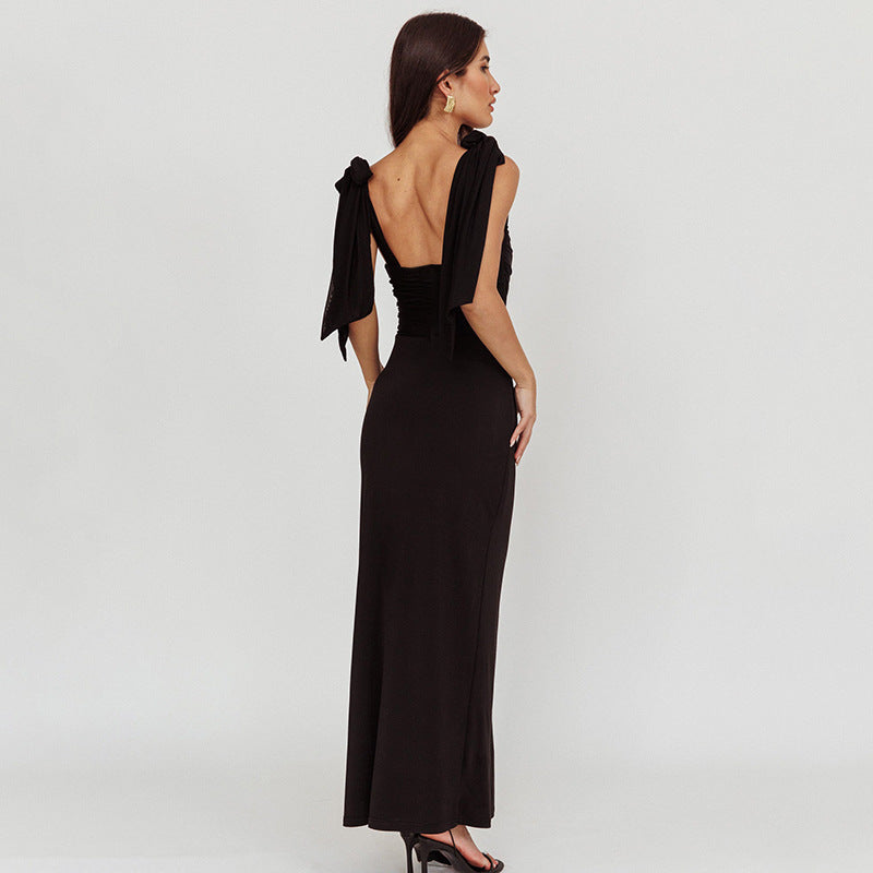Damen elegantes Maxikleid mit transparenter Spitze und Schulterbändern R&B