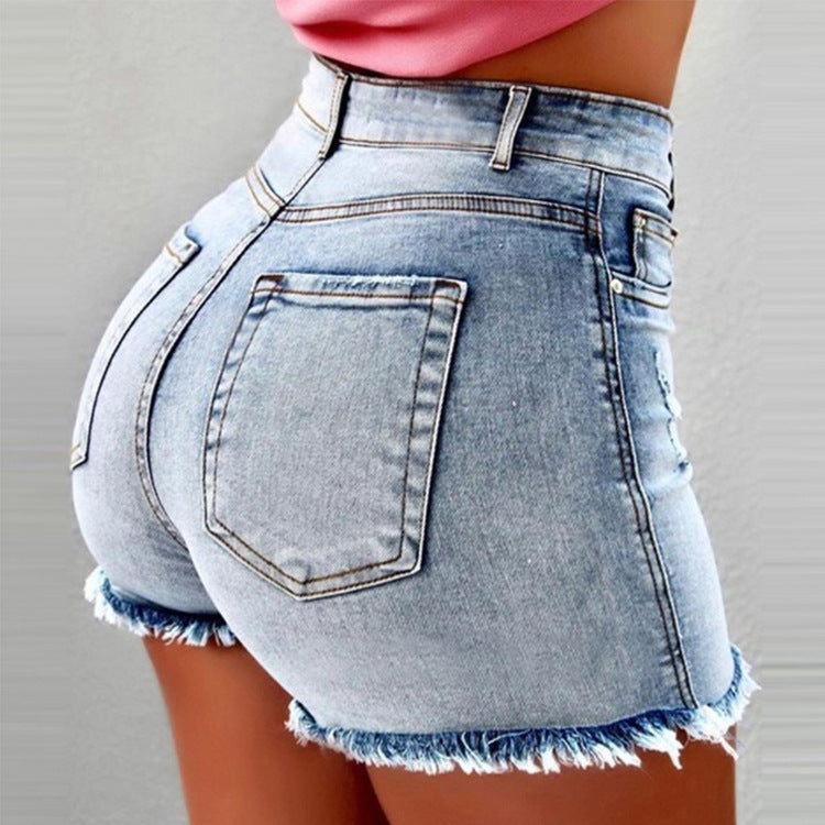 Damen High-Waist Denim-Shorts mit fransigem Saum R&B