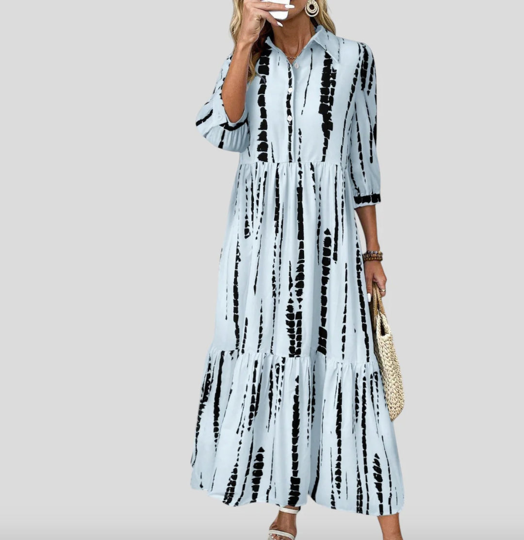 Damen Langarm Maxikleid mit modernen Streifenmuster und Taschen R&B
