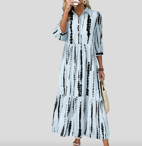 Damen Langarm Maxikleid mit modernen Streifenmuster und Taschen R&B