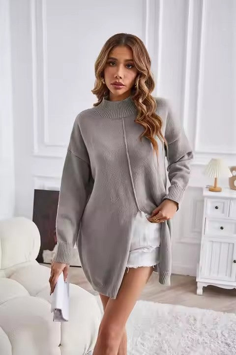 Damen Grobstrickpullover mit hohem Kragen und asymmetrischem Schnitt R&B