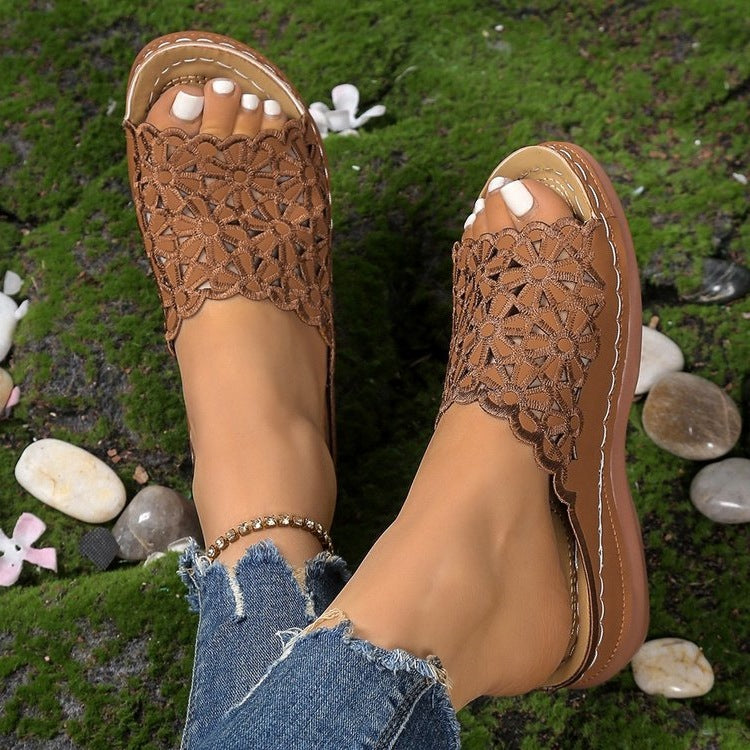 Damen offene Riemchen-Sandalen mit floralem Häkel-Muster R&B