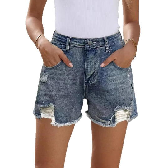 Damen lässige Destroyed Jeansshorts mit hohem Bund und fransigen Abschlüssen R&B