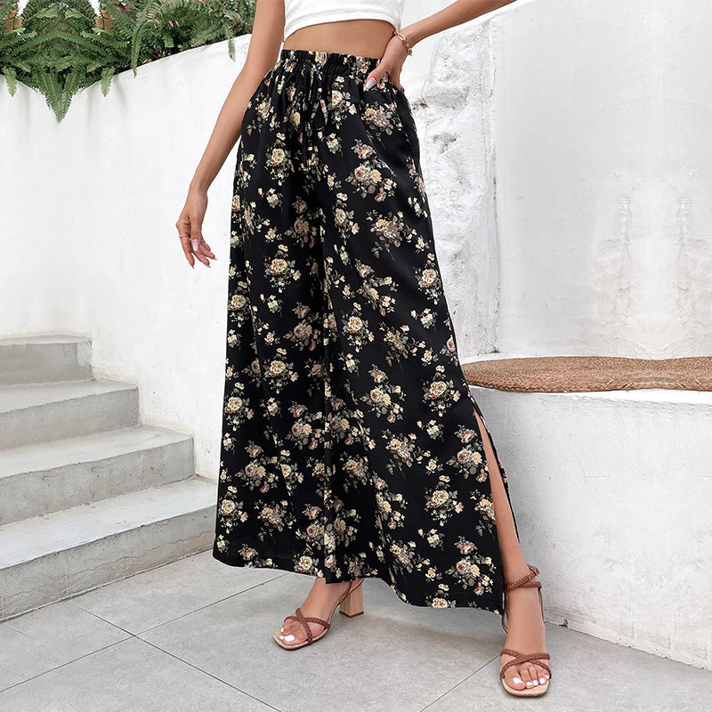 Damen Palazzo-Hose mit floralem Muster und hohen Schlitzen R&B